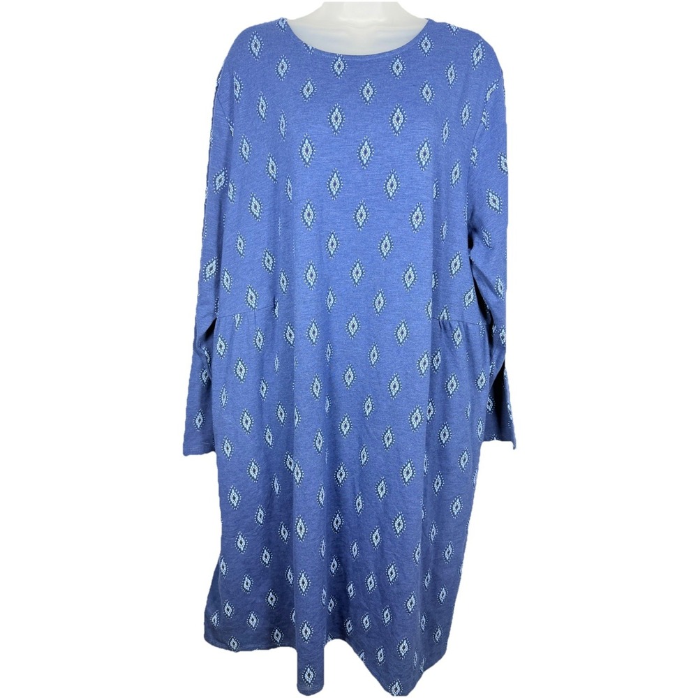 J Jill Blue Knit Sheath Dress 3X Long Sleeve Boho Casual Soft Stretch Midi